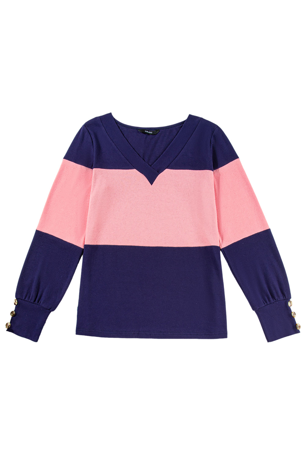 Parchment Colorblock Button Decor Long Sleeve V Neck Top