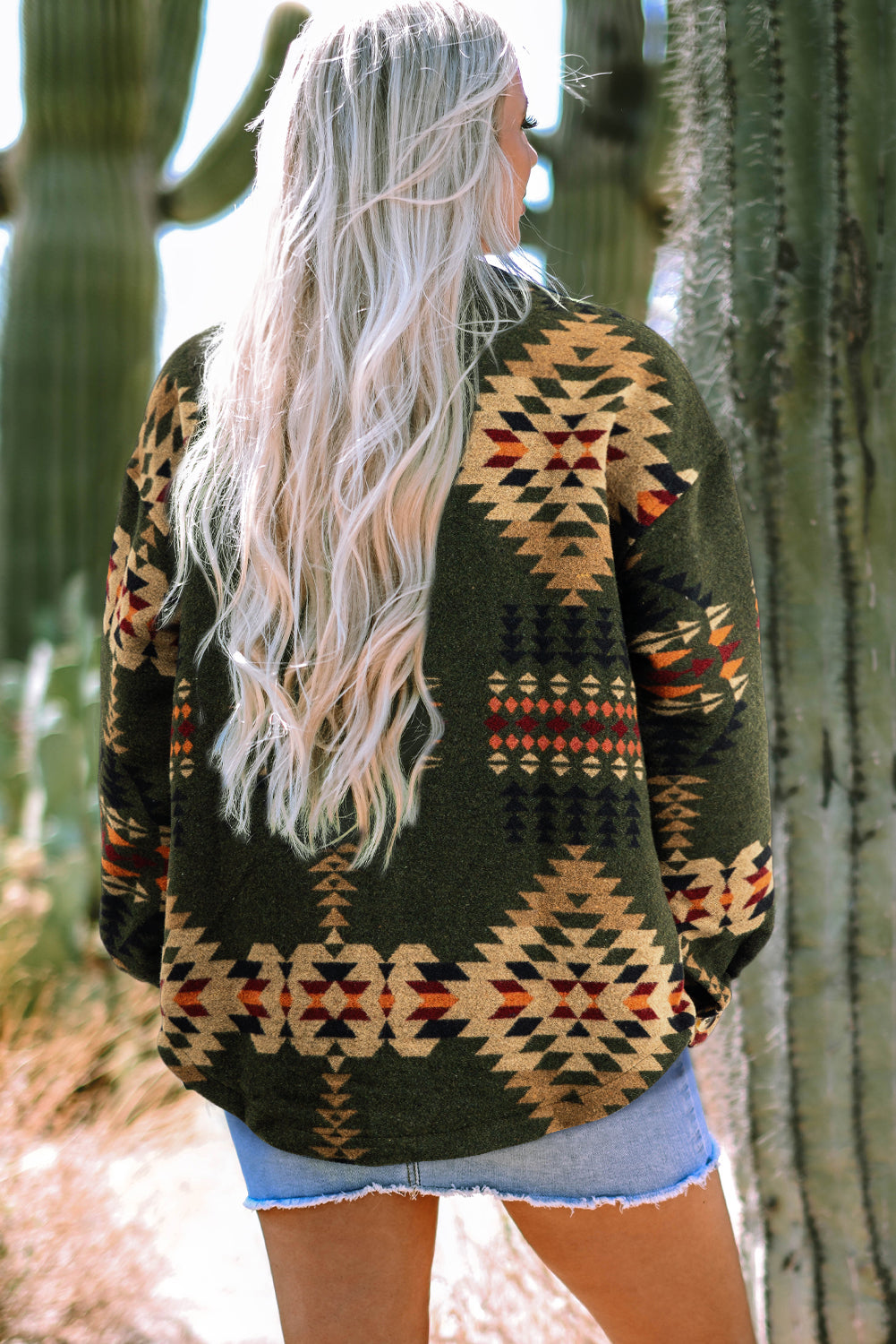 Green Aztec Print Flap Pockets Long Sleeve Shacket