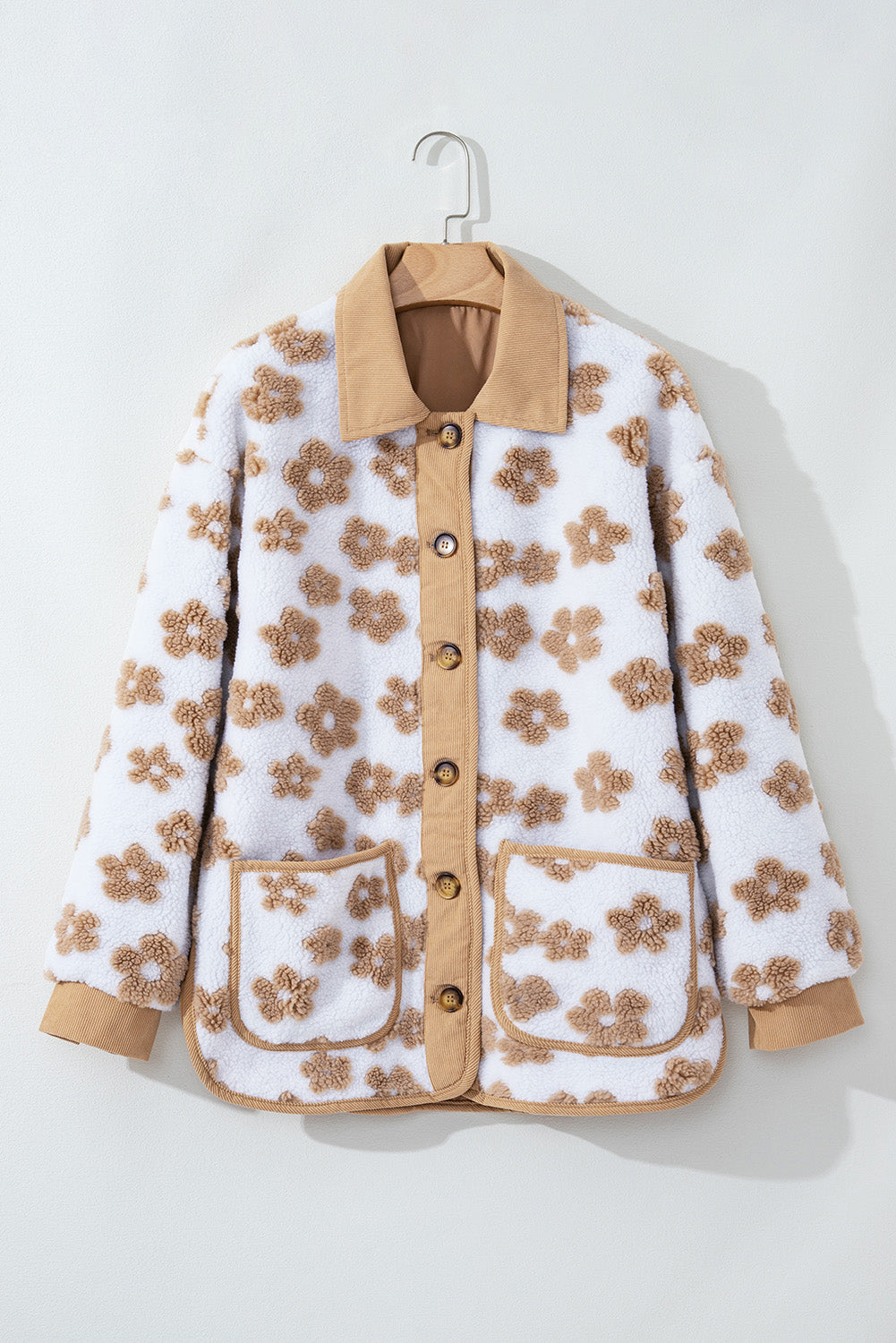 Light French Beige Cute Flower Pattern Button Up Fleece Jacket