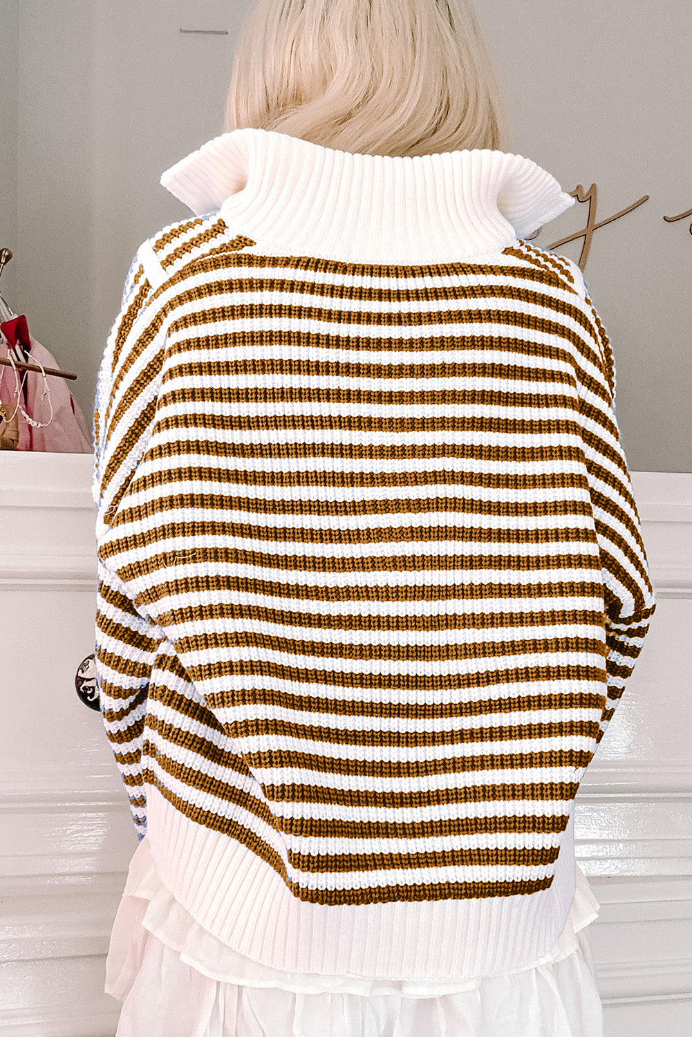 Pink Stripe Zip up Collar Drop Shoulder Sweater