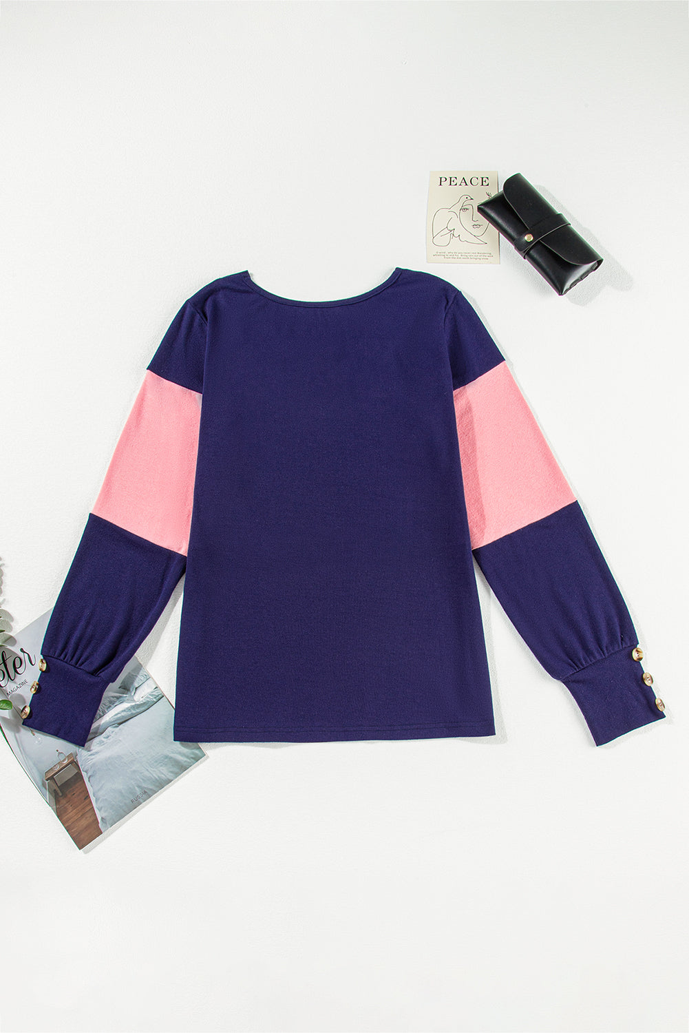 Parchment Colorblock Button Decor Long Sleeve V Neck Top