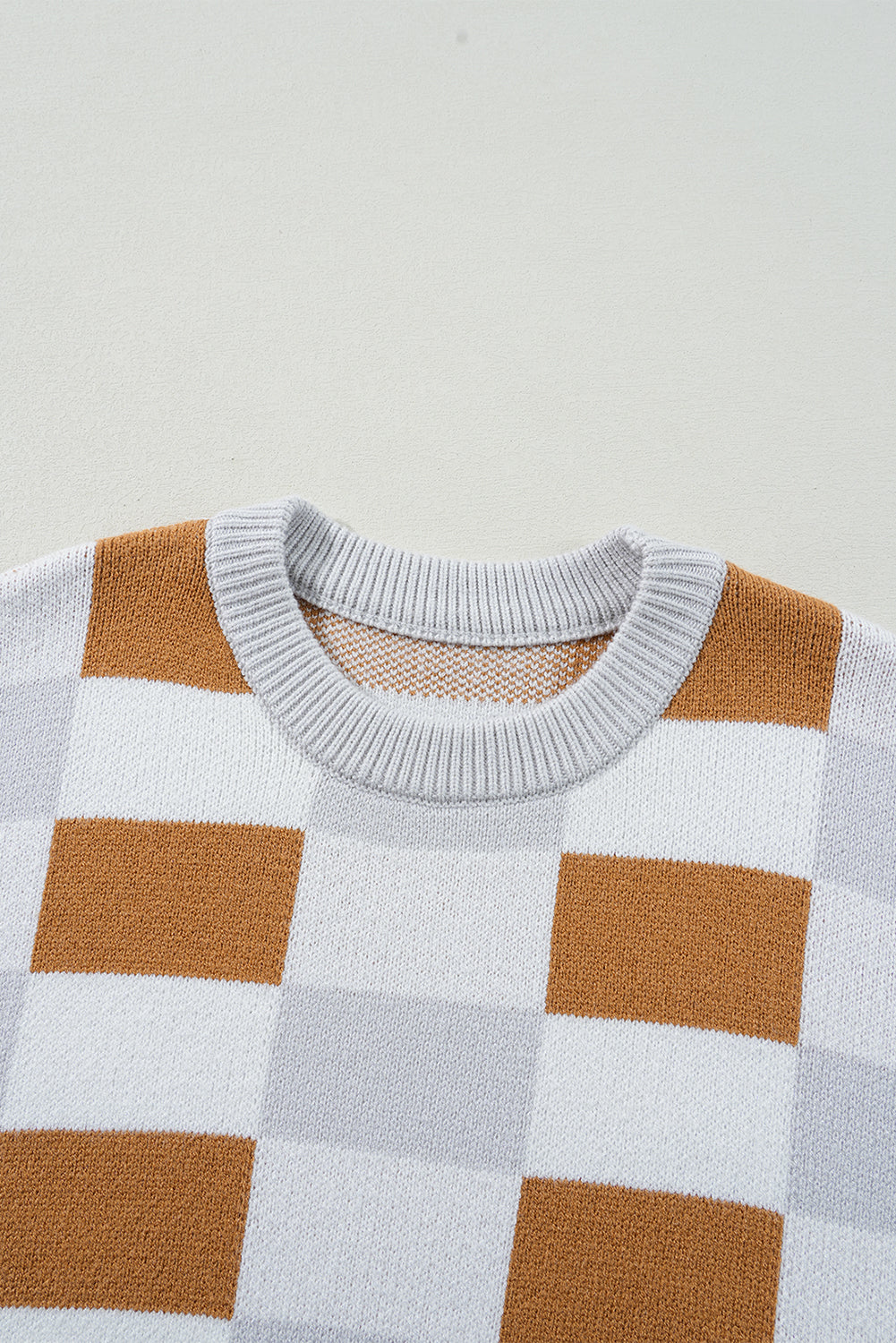 Orange Checkered Ribbed Edge O Neck Drop Shoulder Sweater