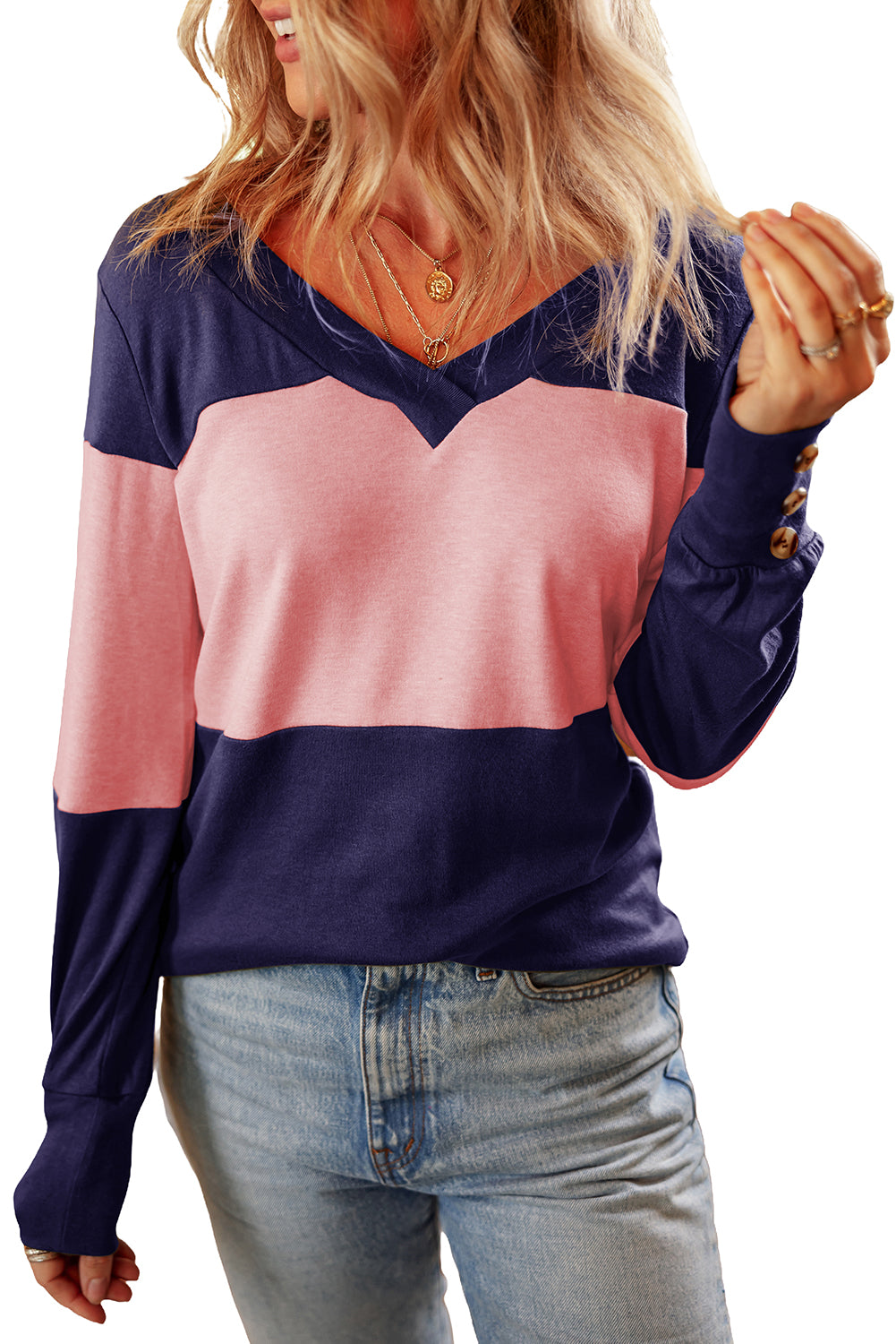 Parchment Colorblock Button Decor Long Sleeve V Neck Top