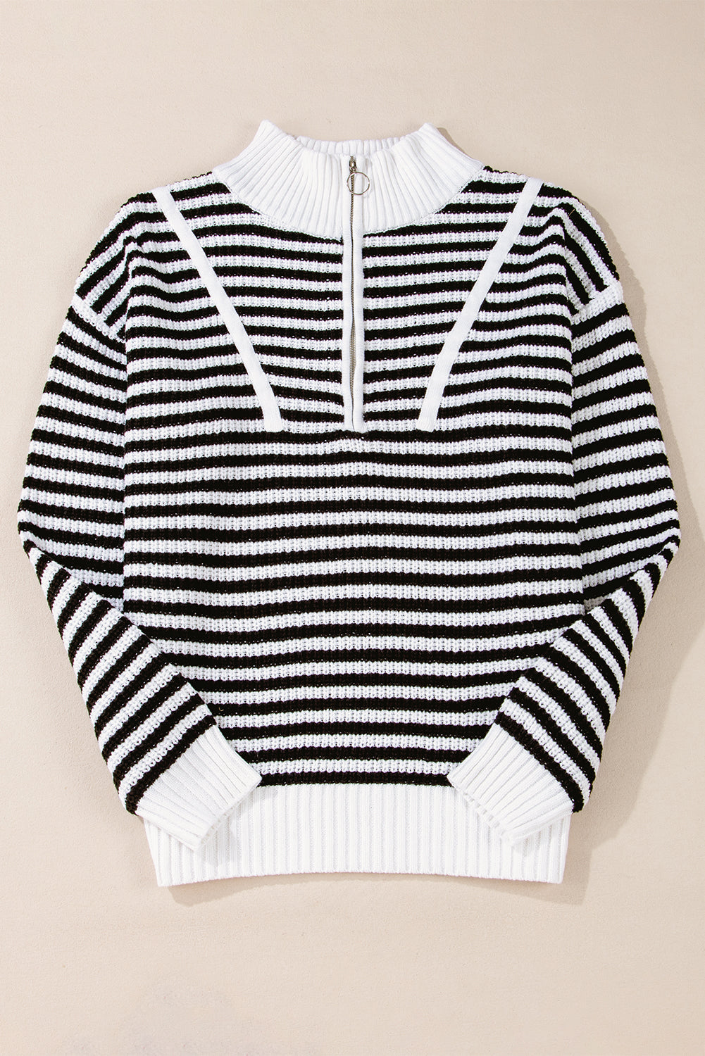 Pink Stripe Zip up Collar Drop Shoulder Sweater