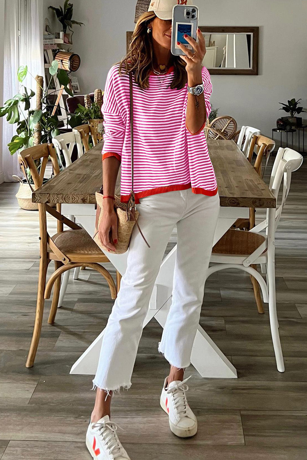 Fiery Red Contrast Trimmed Striped Drop Shoulder Sweater