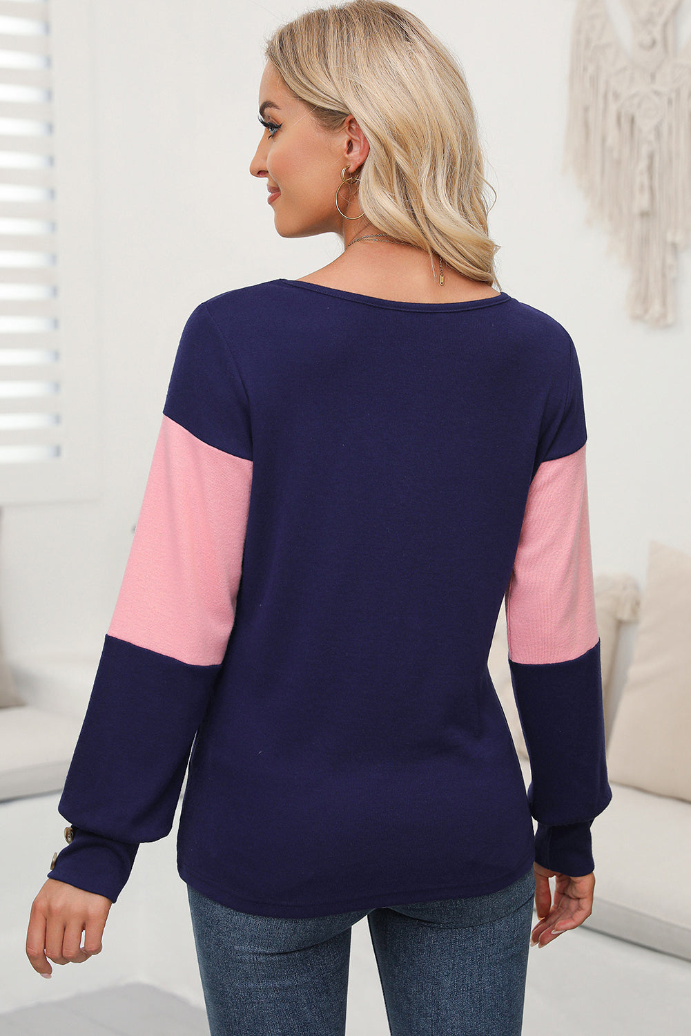 Parchment Colorblock Button Decor Long Sleeve V Neck Top