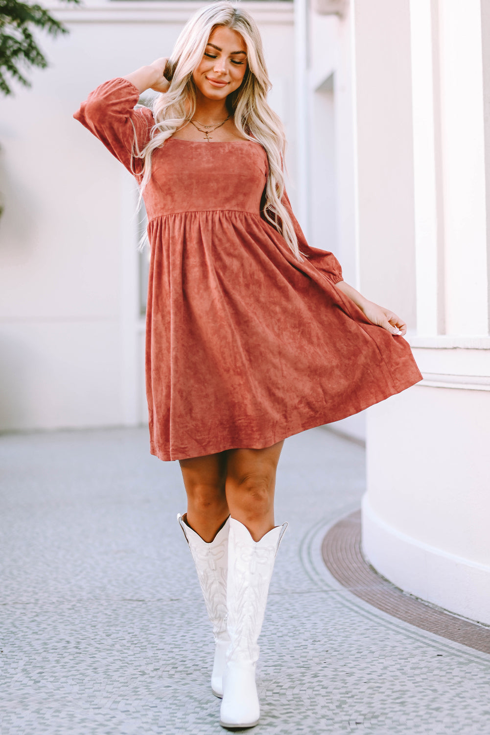 Brown Suede Square Neck Puff Sleeve Dress