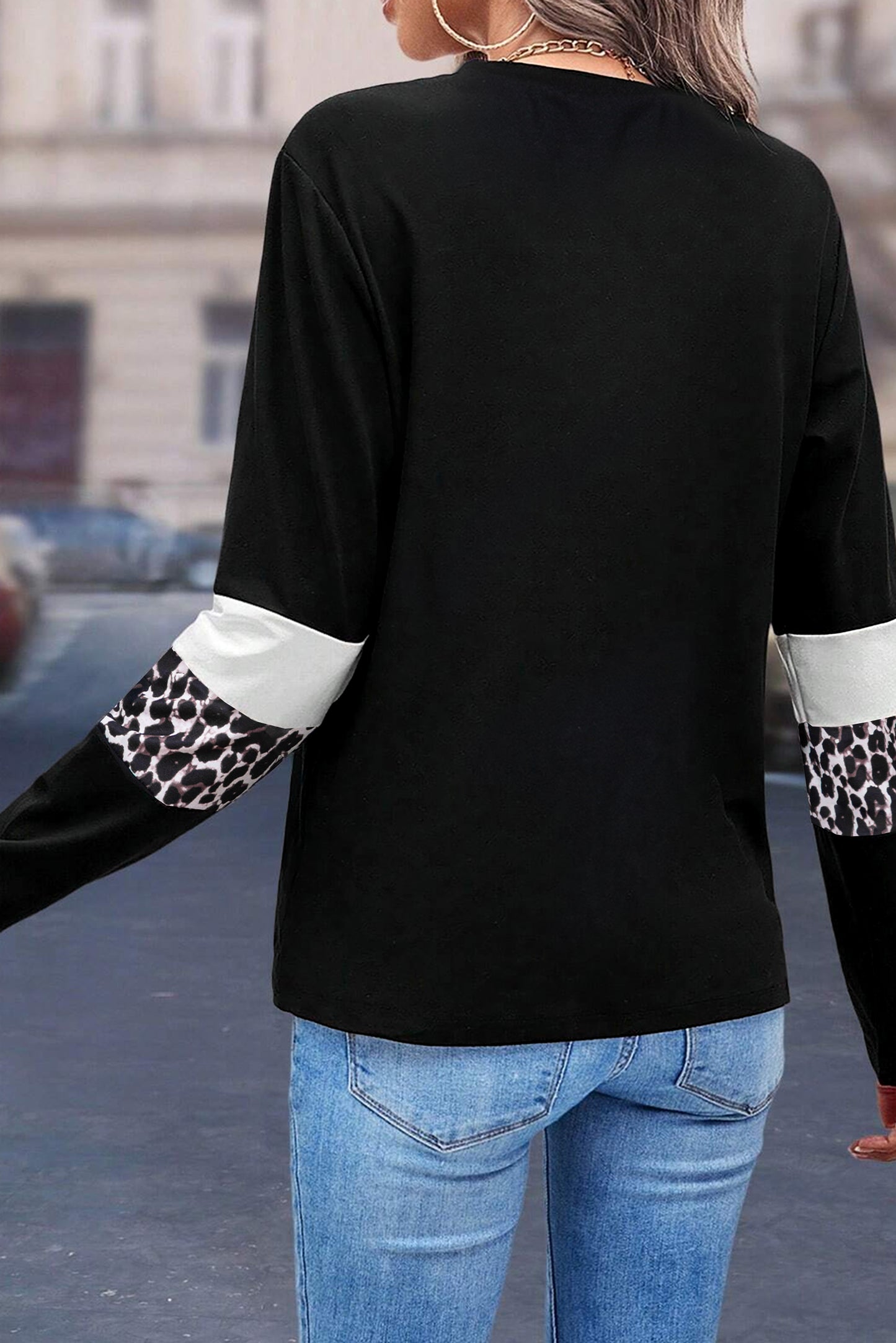 Rose Leopard Colorblock Patchwork Crew Neck Long Sleeve Tee