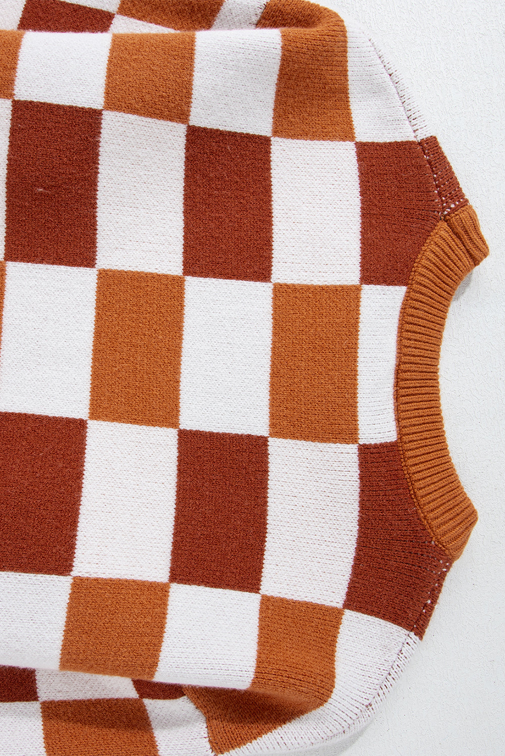 Orange Checkered Ribbed Edge O Neck Drop Shoulder Sweater