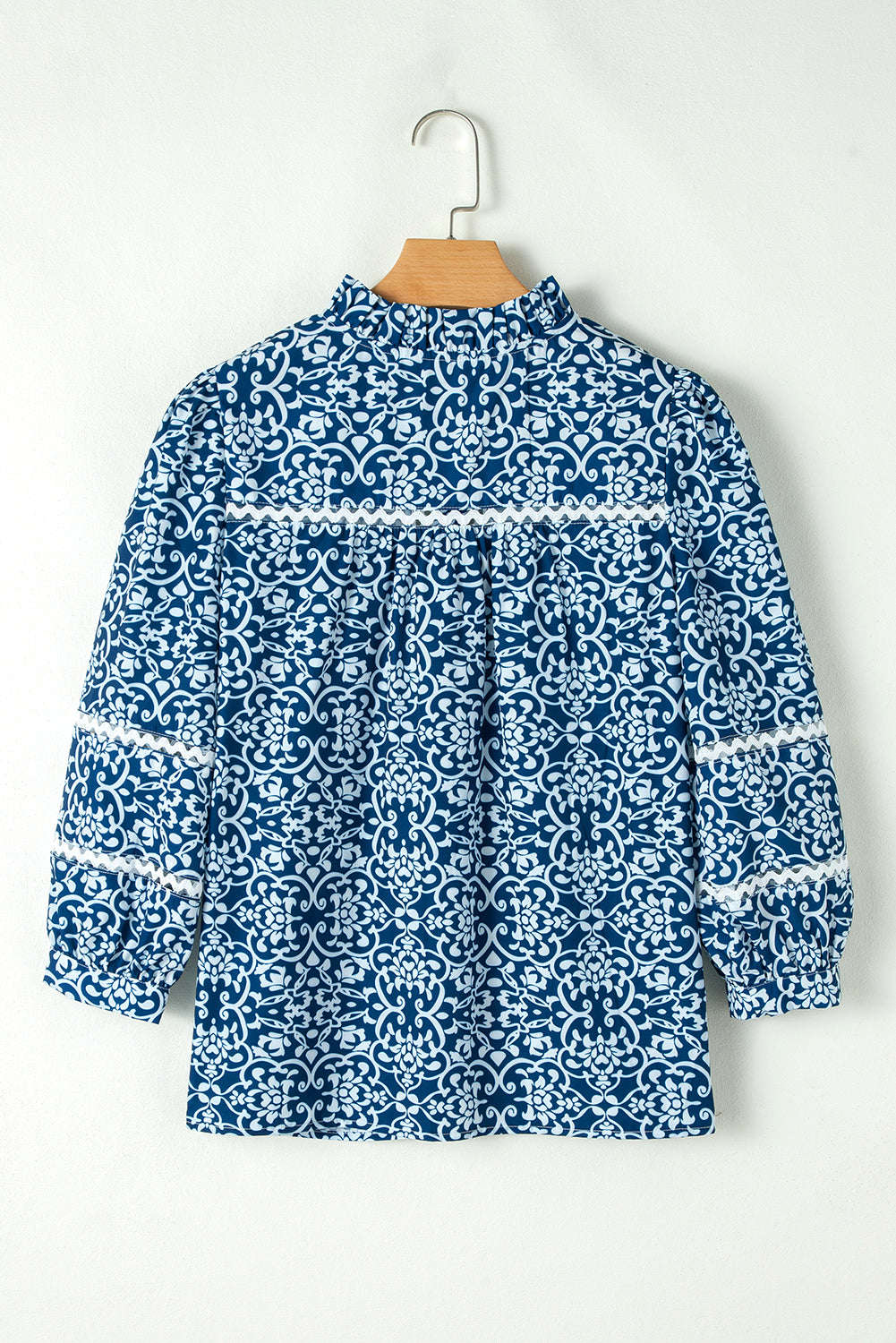 Blue Floral Ric-rac Patchwork Button Loose Fit Shirt