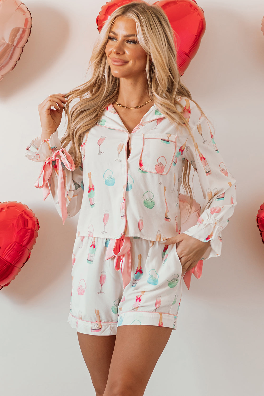 White Christmas Wine Glass Print Bow Knot Two Piece Pajama Set