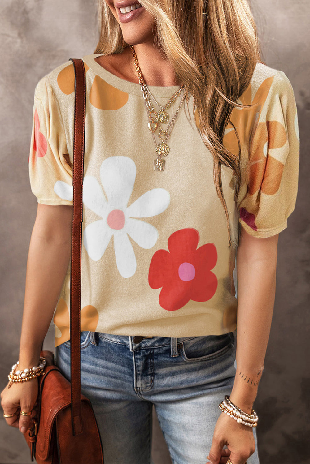 Sky Blue Flower Print Bubble Sleeve Tee