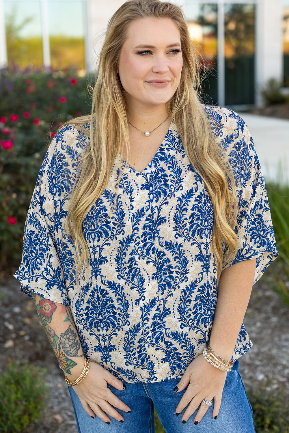 Blue Plus Size Ethnic Printed 3/4 Sleeve V Neck Loose Blouse