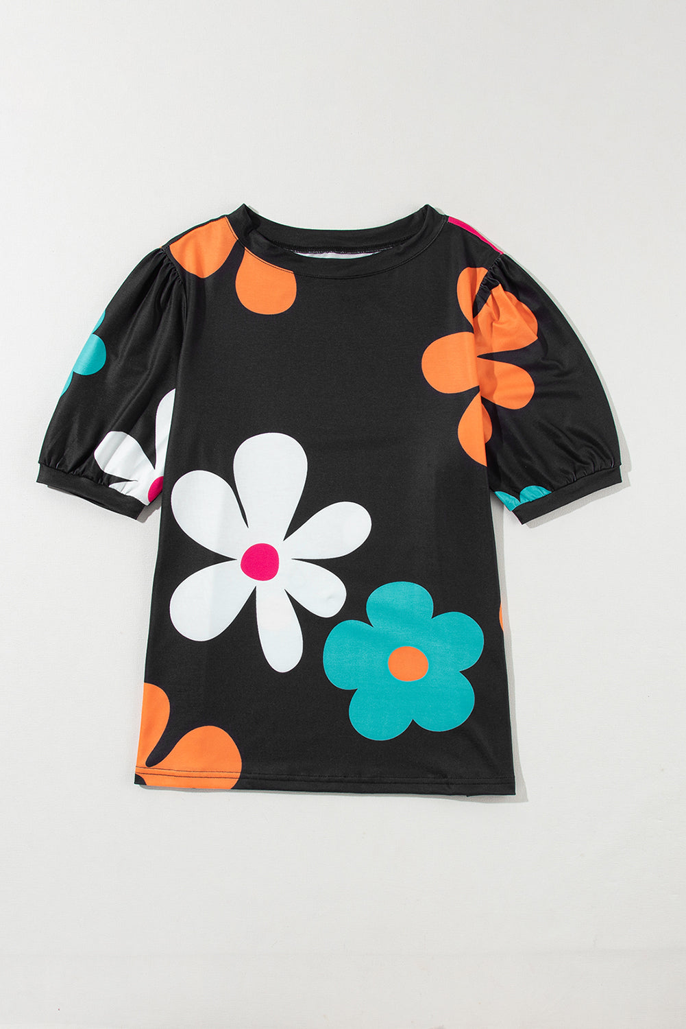 Sky Blue Flower Print Bubble Sleeve Tee