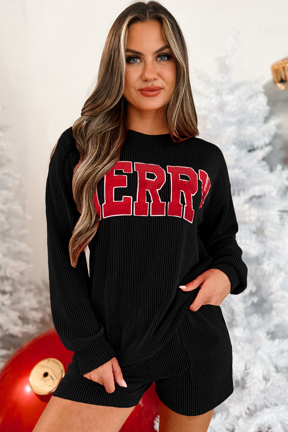 Evergreen Corded MERRY Graphic Long Sleeve Top and Shorts Set