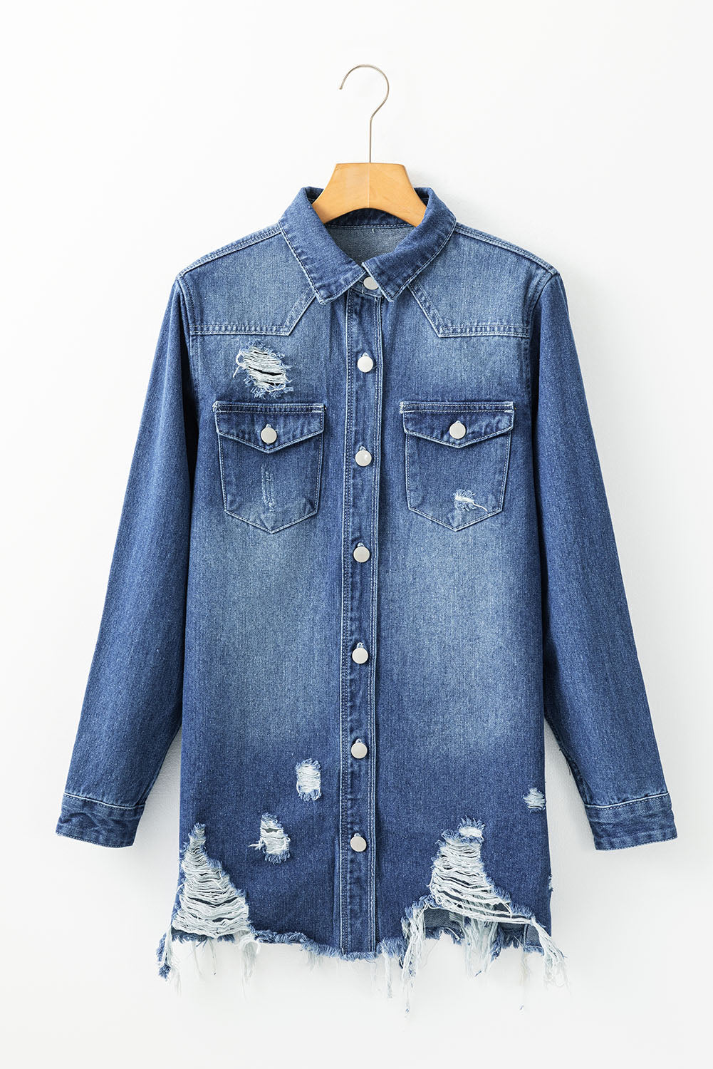 Beau Blue Mineral Wash Distressed Frayed Long Denim Jacket