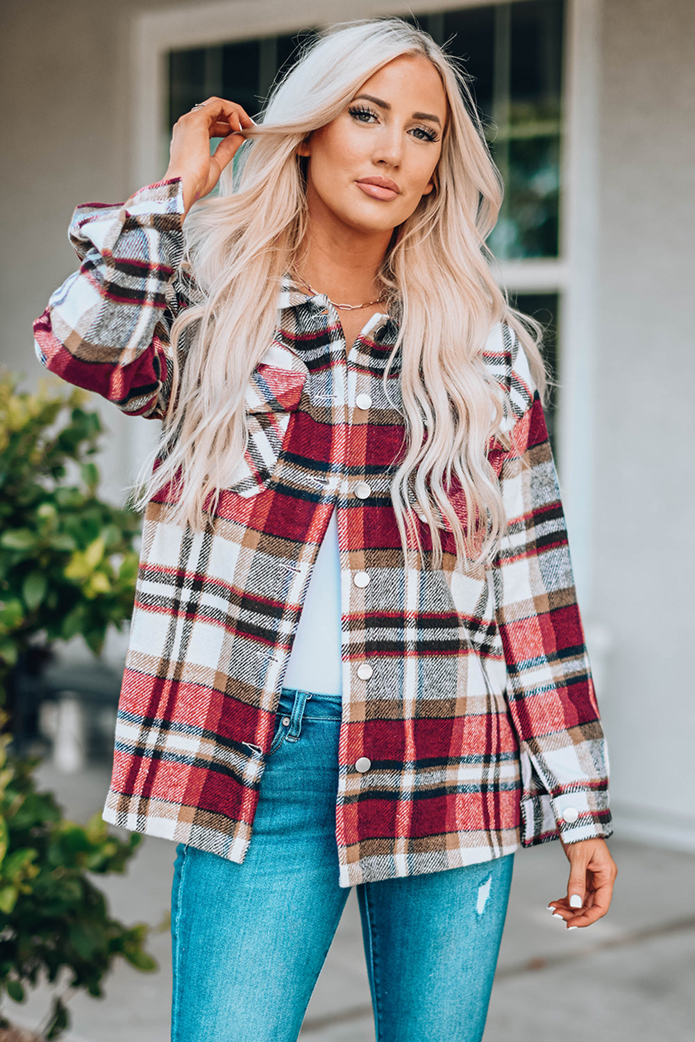 Geometric Plaid Print Pocketed Shacket