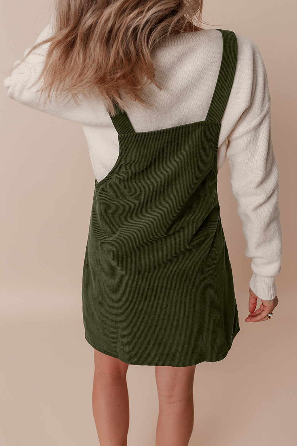 Cinnamon Solid Front Pockets Sleeveless Corduroy Overall Dress