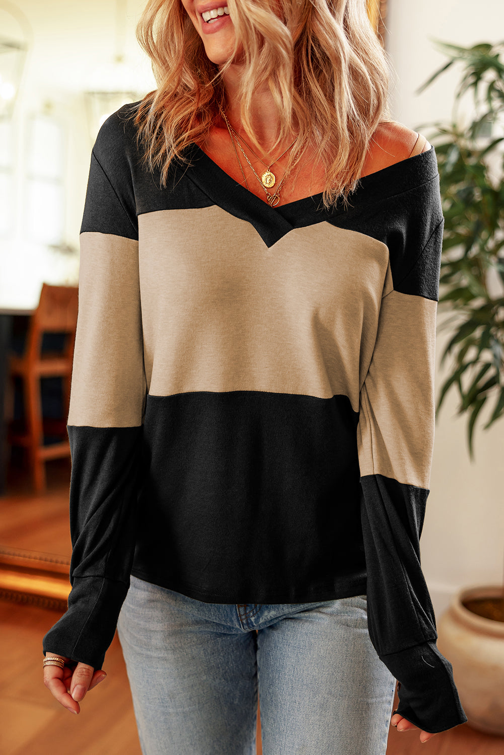 Parchment Colorblock Button Decor Long Sleeve V Neck Top