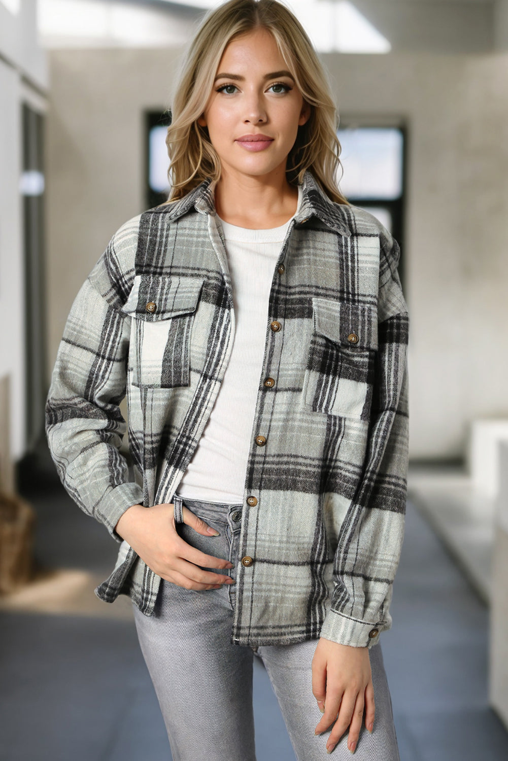 Brown Plaid Flap Pockets Shacket