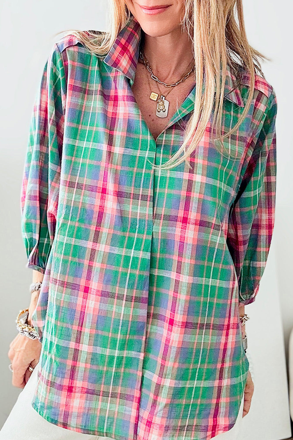 Green Checkered 3/4 Sleeve Collared Loose Fit Shirt