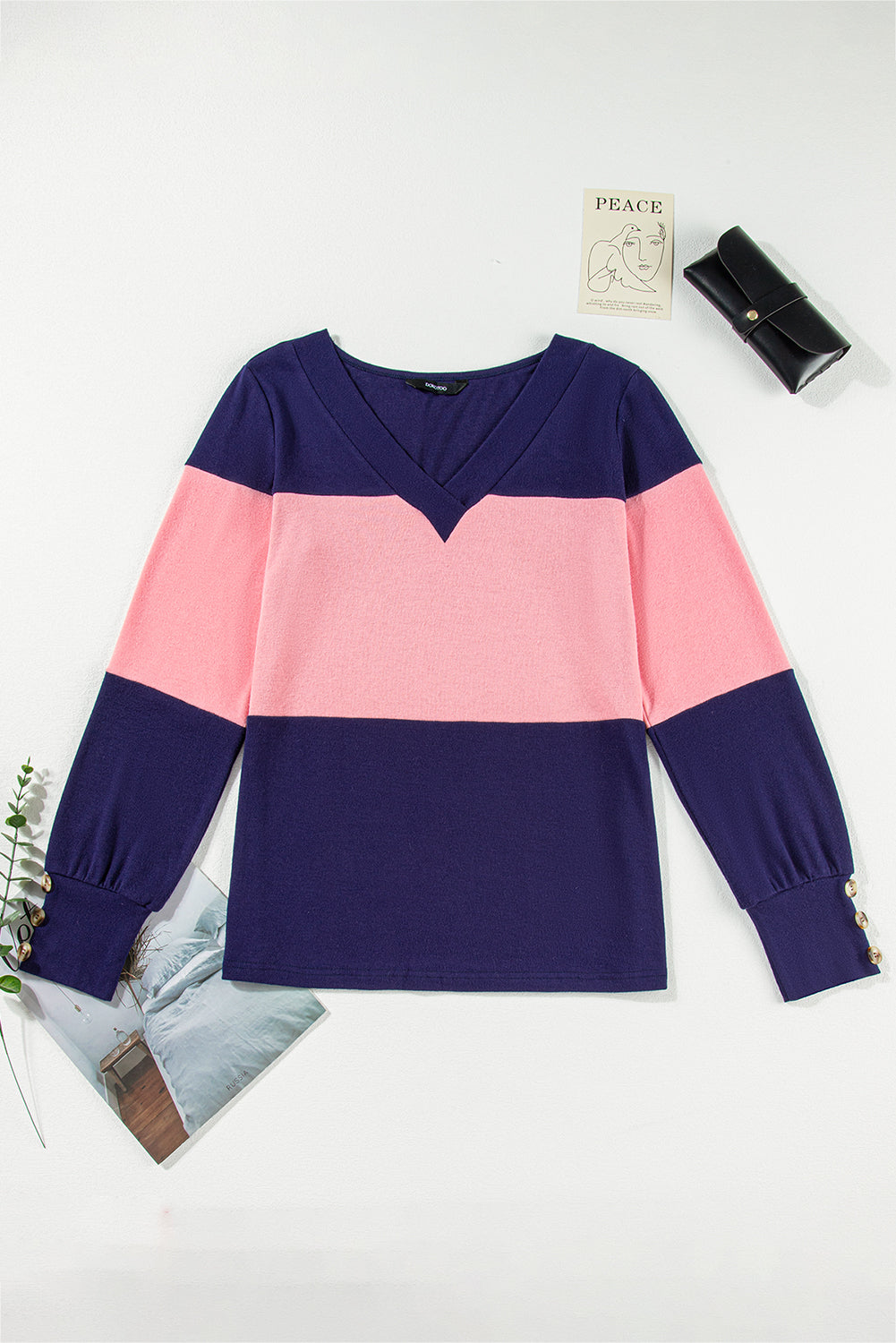 Parchment Colorblock Button Decor Long Sleeve V Neck Top