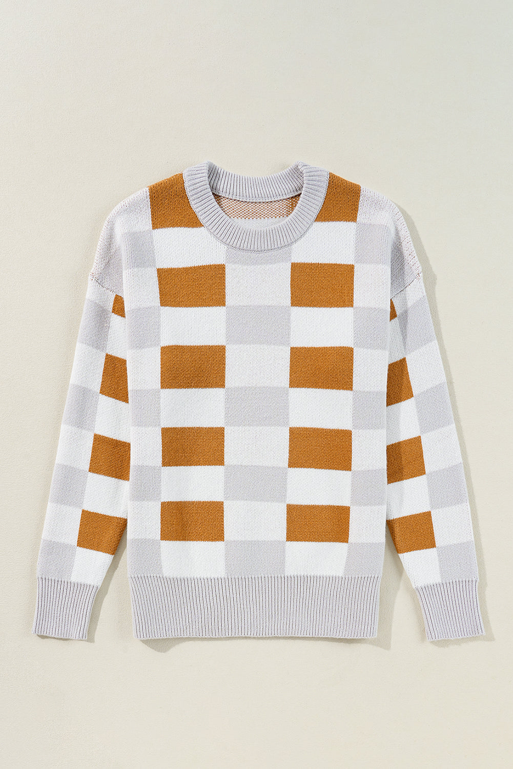 Orange Checkered Ribbed Edge O Neck Drop Shoulder Sweater