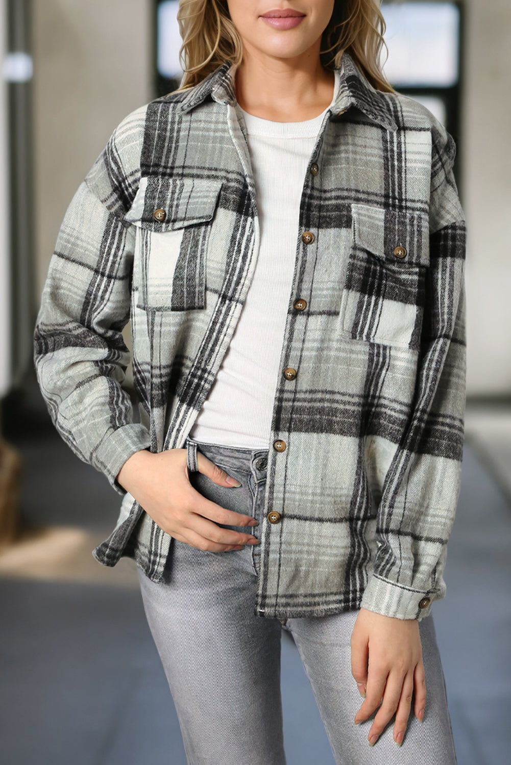 Brown Plaid Flap Pockets Shacket