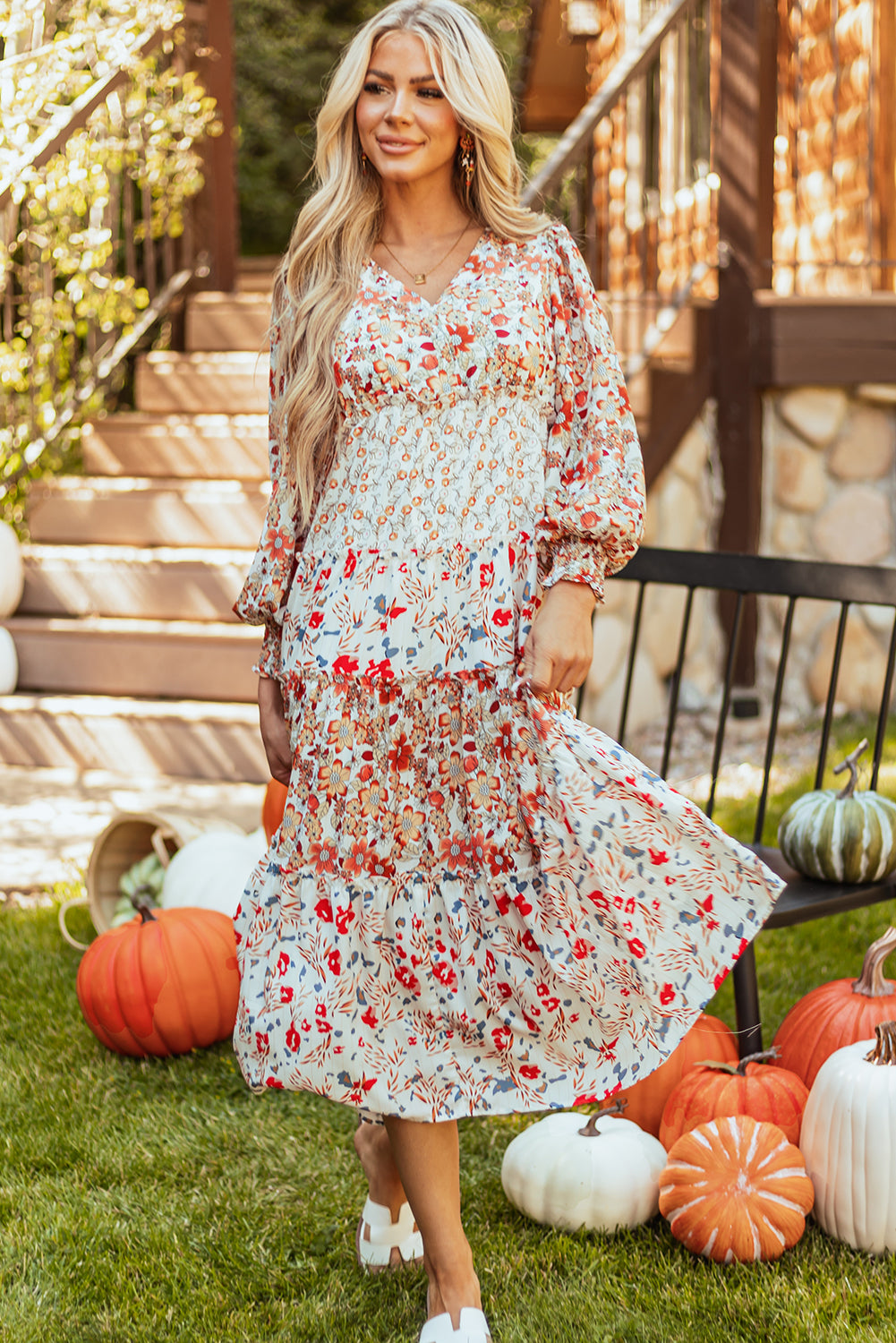 Khaki Floral Print Ruffled Tiered Long Sleeve V Neck Midi Dress