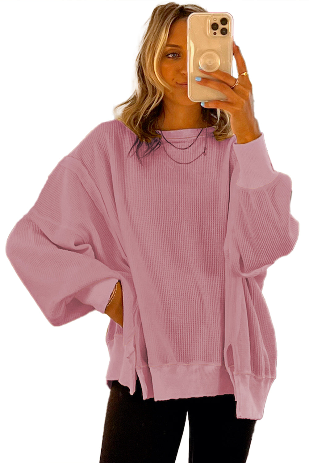 White Waffle Knit Bishop Sleeve Split Oversized Sweatshirt