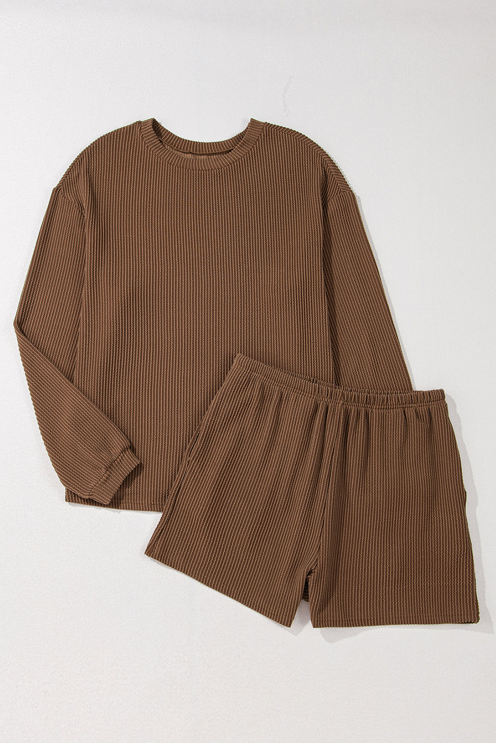 Chestnut Corded Knit Long Sleeve Top and High Waist Shorts Set