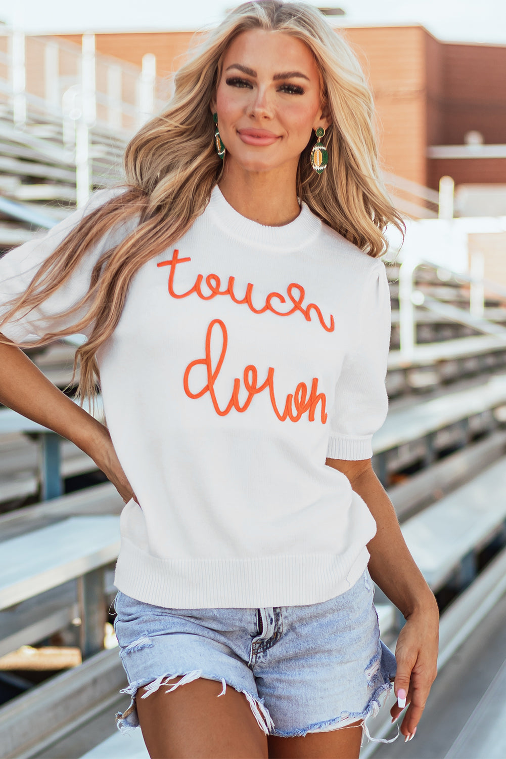 White Touchdown Tinsel Puff Short Sleeve Crew Neck Sweater