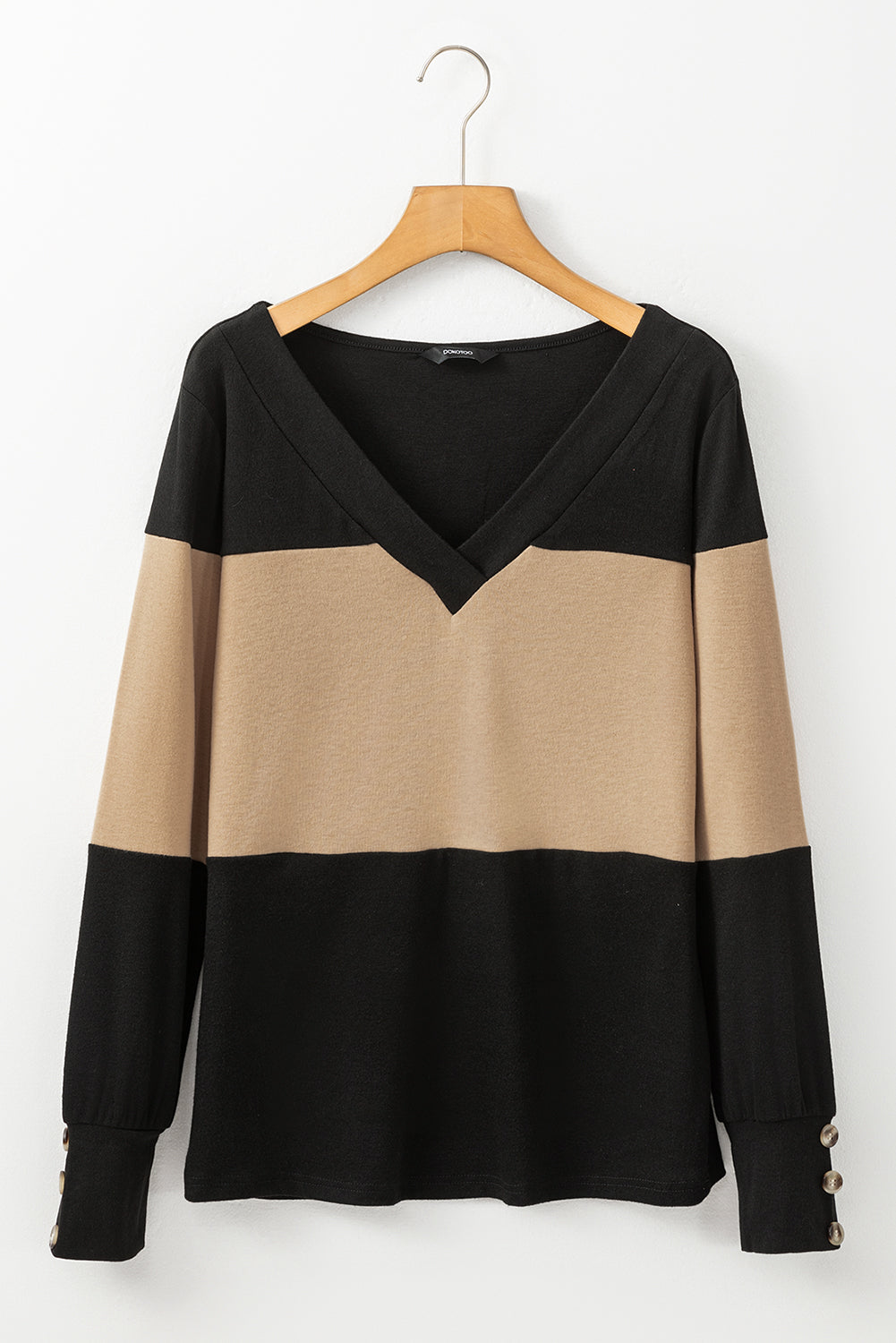 Parchment Colorblock Button Decor Long Sleeve V Neck Top