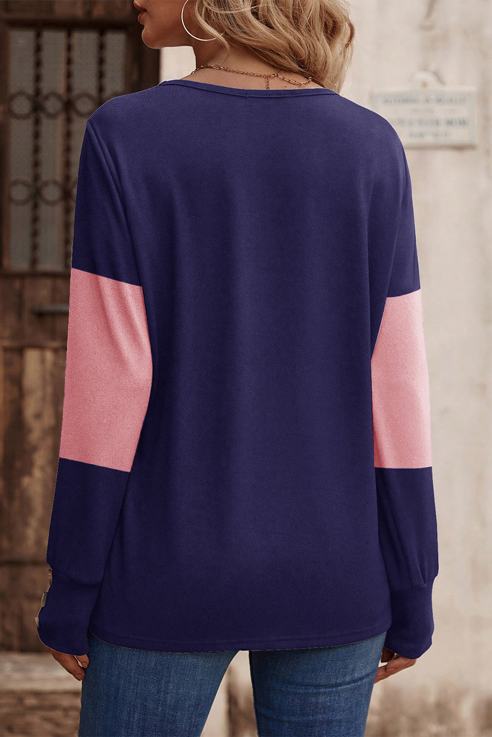 Parchment Colorblock Button Decor Long Sleeve V Neck Top