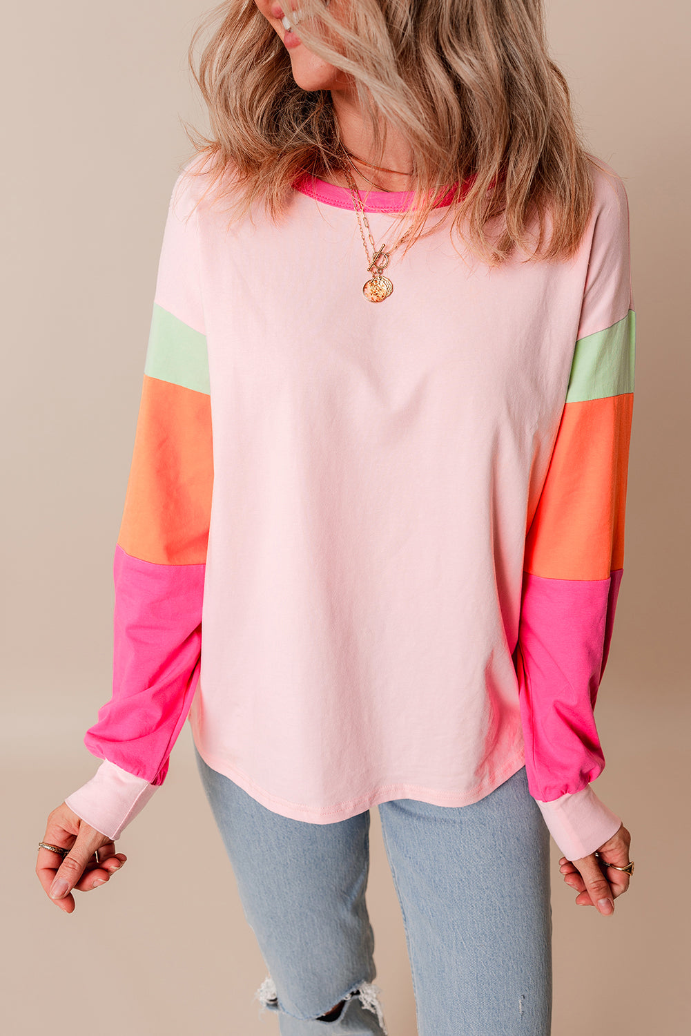 Dark Blue Colorblock Patchwork Long Sleeve Loose Top