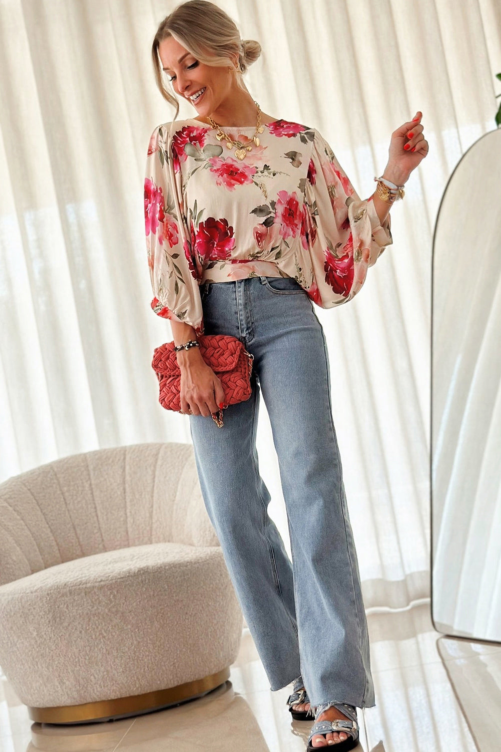 Rose Floral 3/4 Sleeve Lace-up Back Blouse