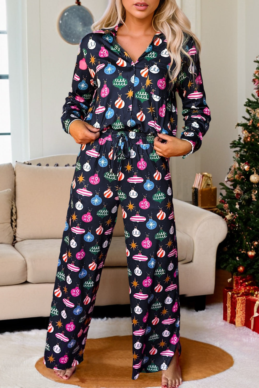 Navy Blue Colorful Christmas Lights Print Shirt and Pants Pajama Set