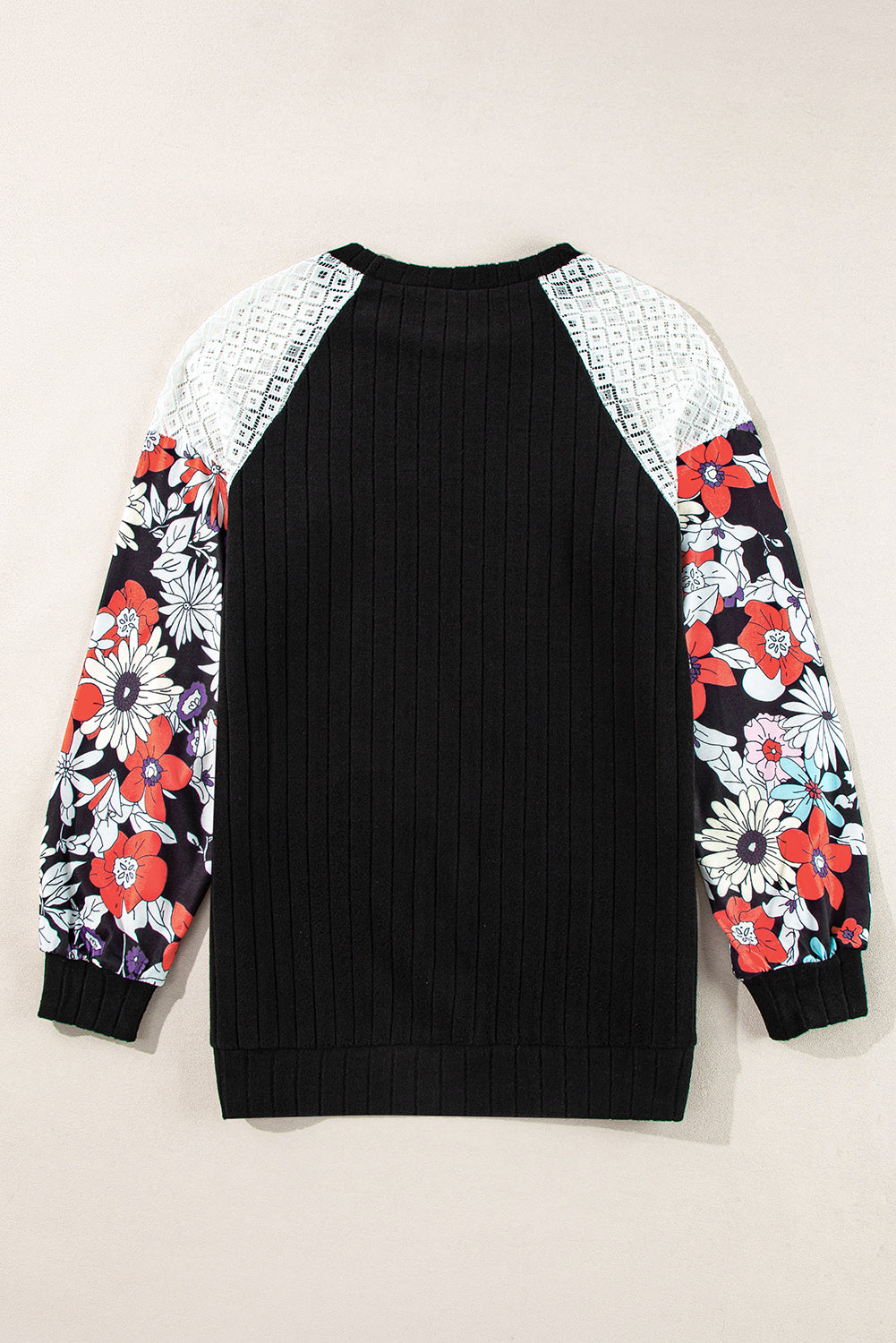 Laurel Green Floral Patchwork Long Sleeve Ribbed Blouse