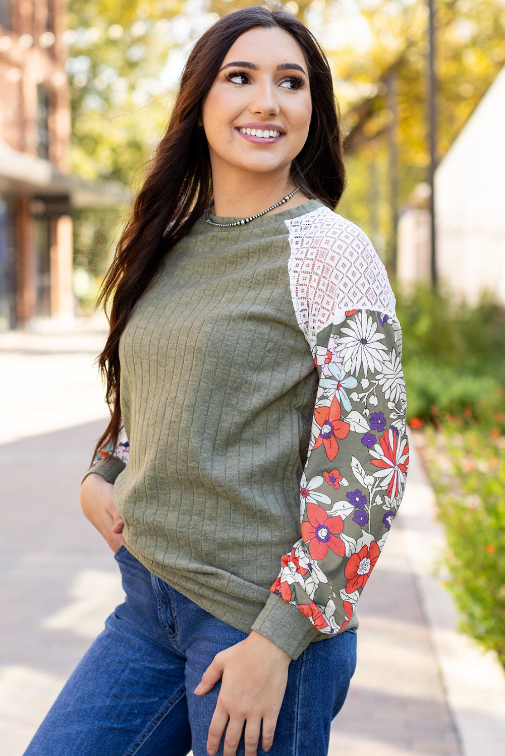 Laurel Green Floral Patchwork Long Sleeve Ribbed Blouse