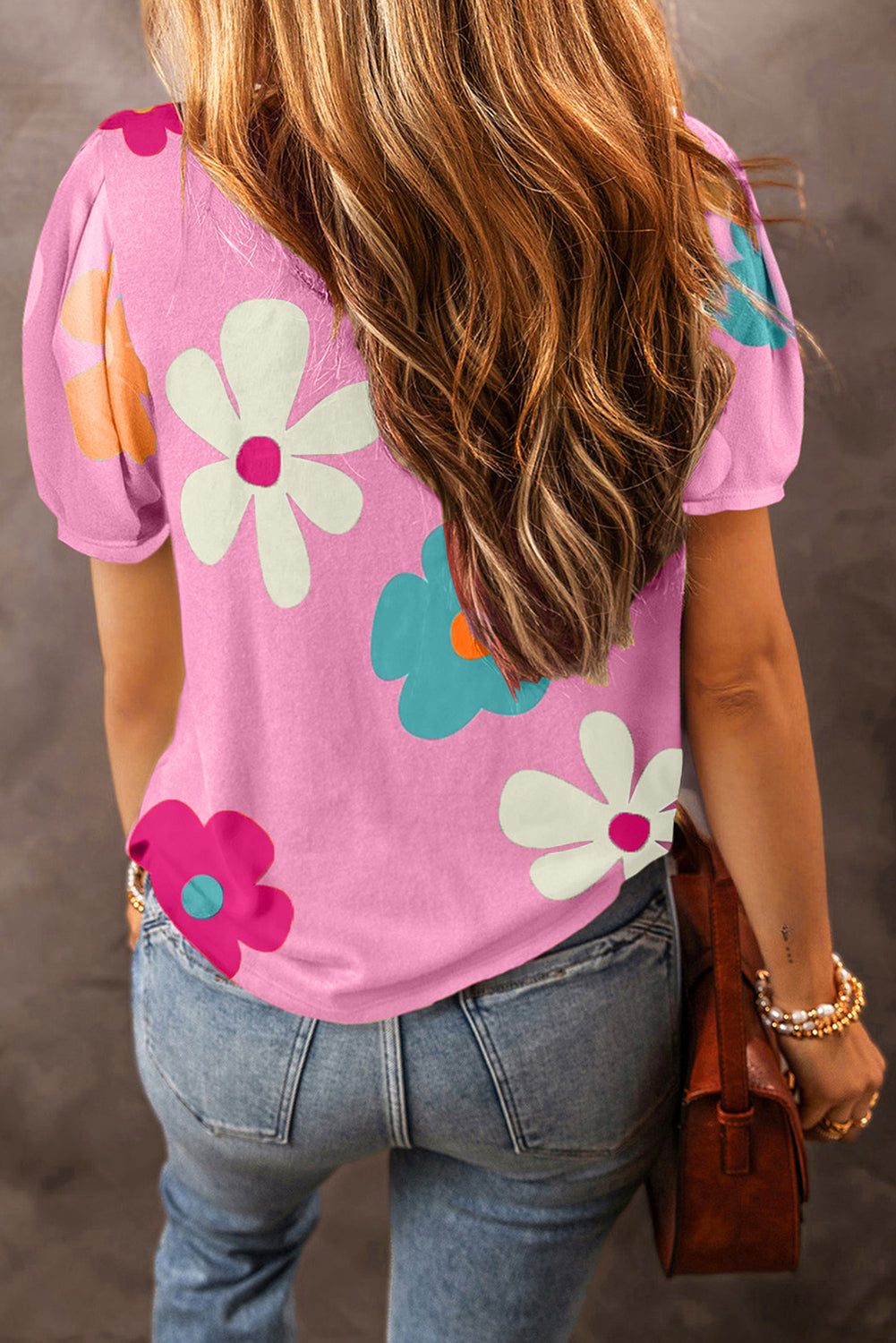 Sky Blue Flower Print Bubble Sleeve Tee