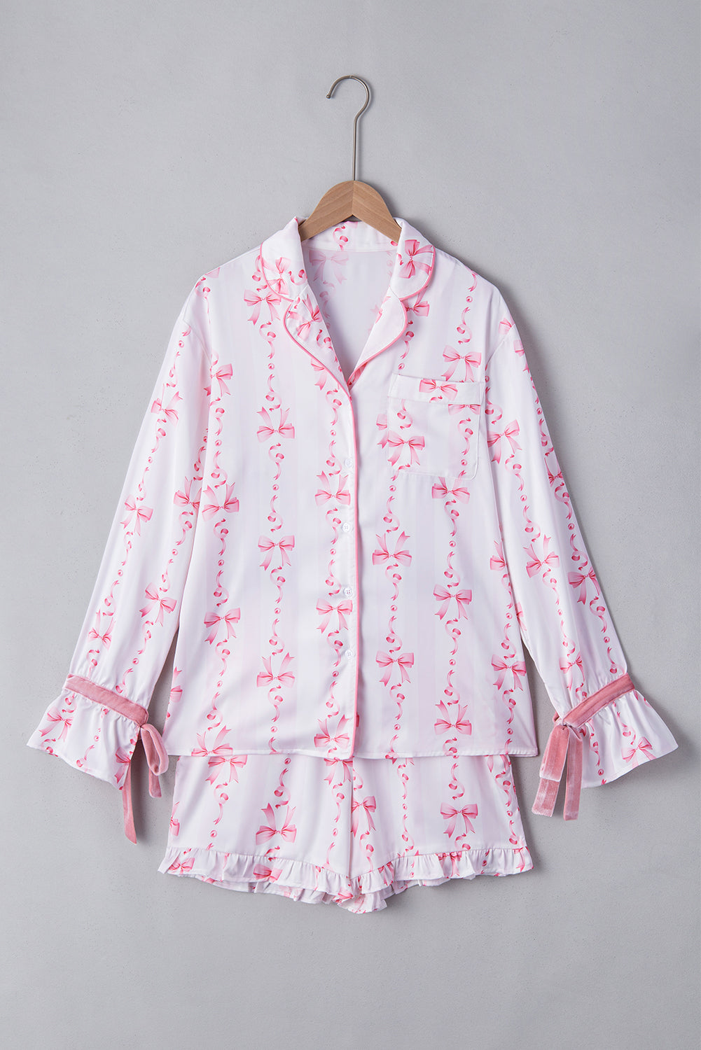 Pink Satin Bow Bell Sleeve Shirt and Ruffled Shorts Pajama Set